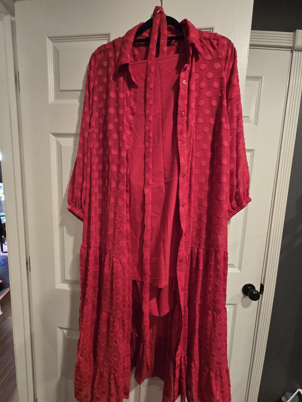 New York & Company Red Polka Dot Maxi Shirt Dress - Picture 2 of 4